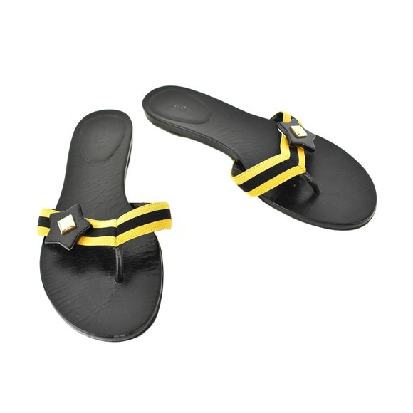 Gucci Shoes - GUCCI Yellow Web Stripe & Leather Logo Sandals